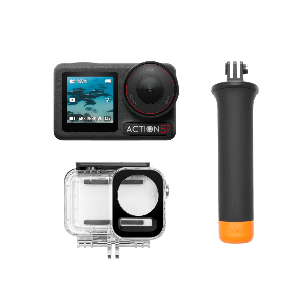 DJI Osmo Action 5 Pro Diving Combo kit contents with waterproof case and floating handle