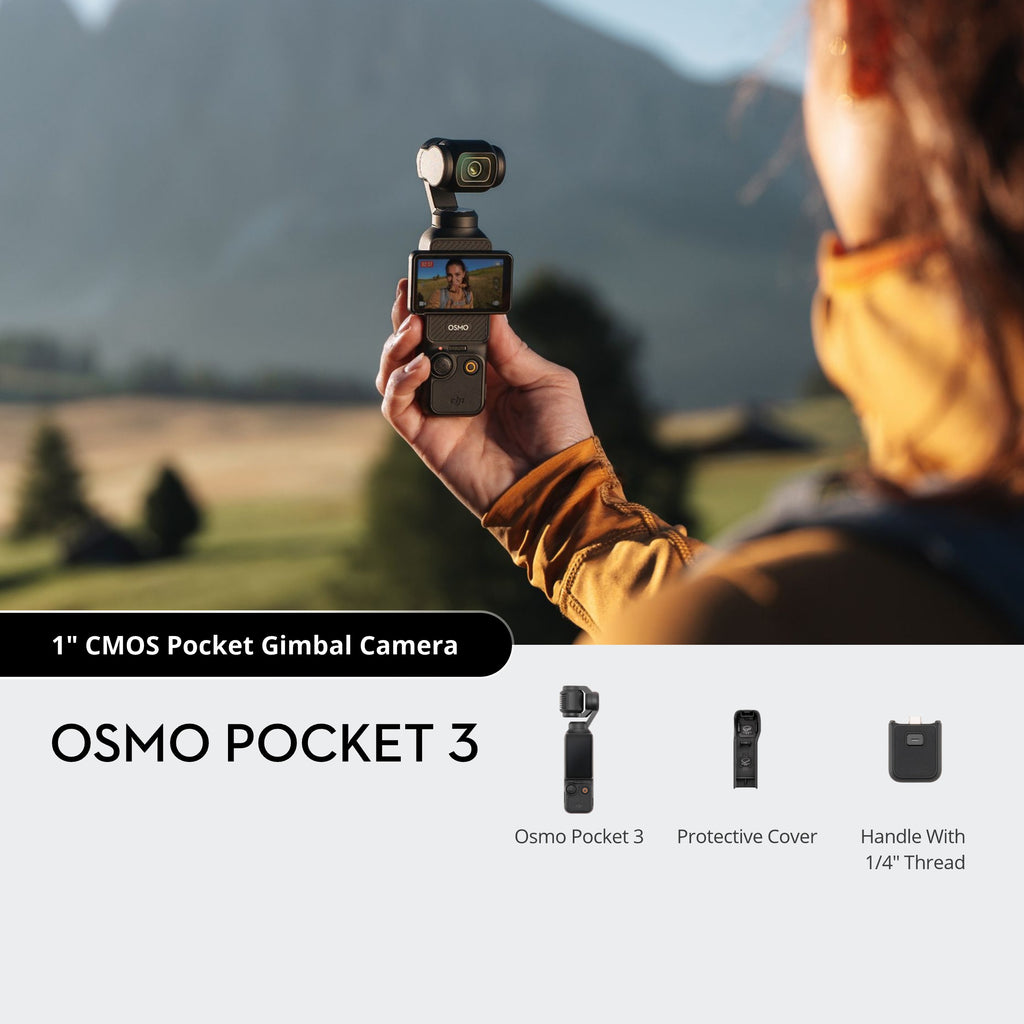 Osmo Pocket 3 in use, with the in-box items shown