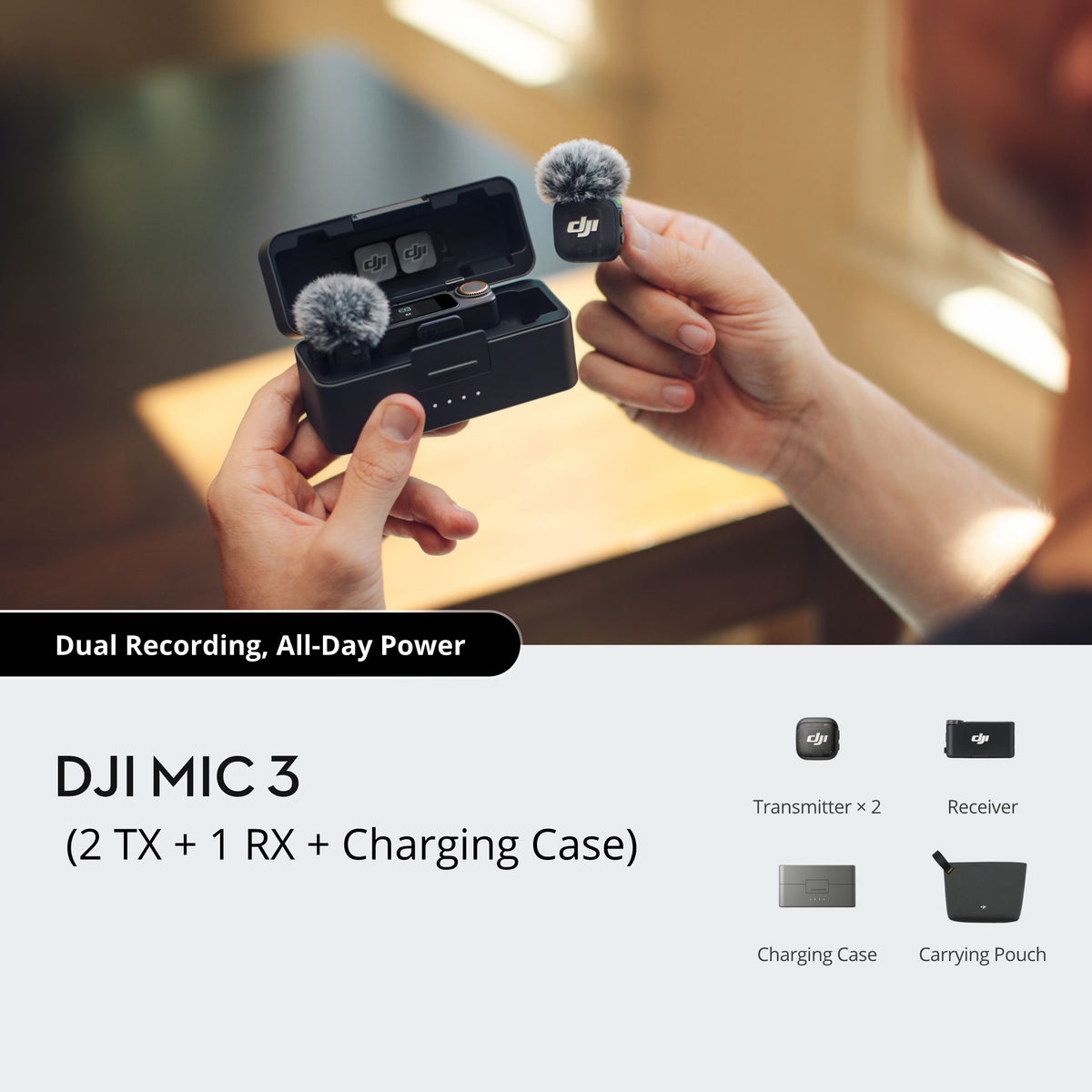 DJI Mic 3 (2 TX + 1 RX + Charging Case) contents overview