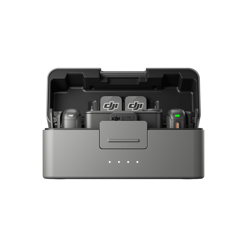 DJI Mic 3 wireless microphone system in the charging case