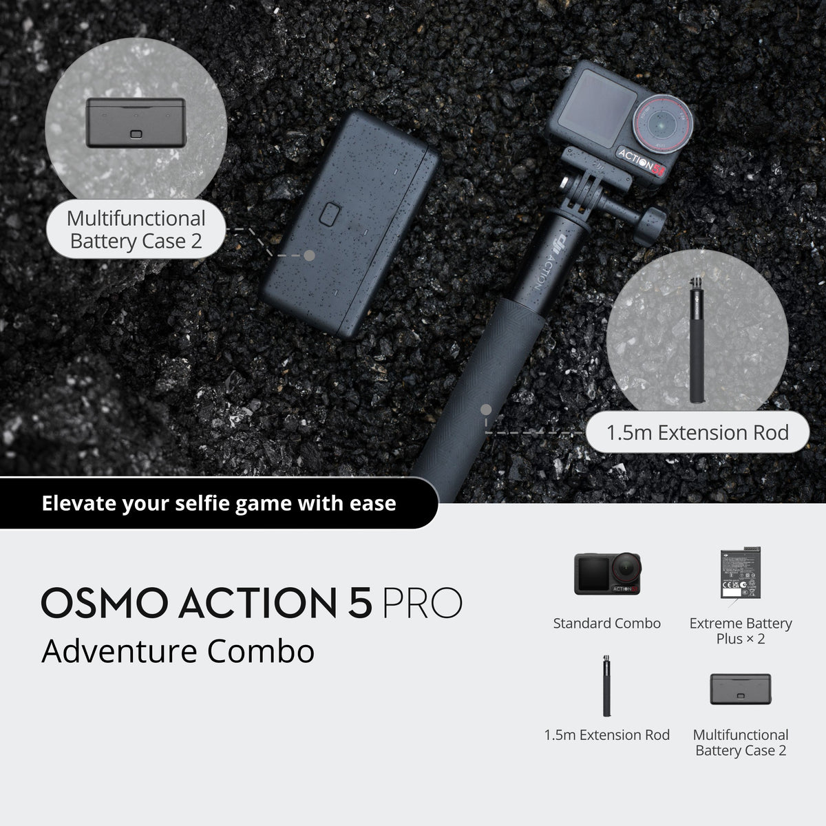 Osmo Action 5 Pro Adventure Combo overview with the included accessories